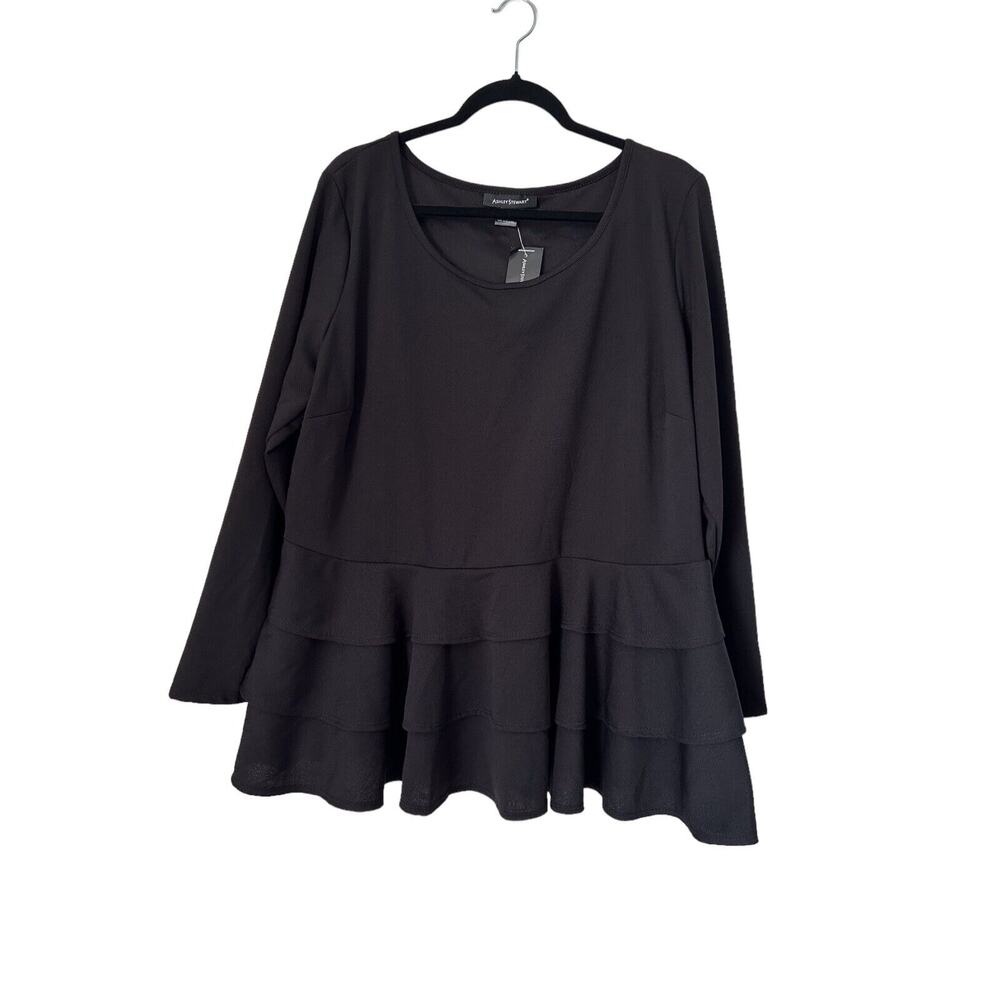 Ashley Stewart Top 22/24 Black Triple Ruffle Peplum Stretch Knit Long Sleeve
